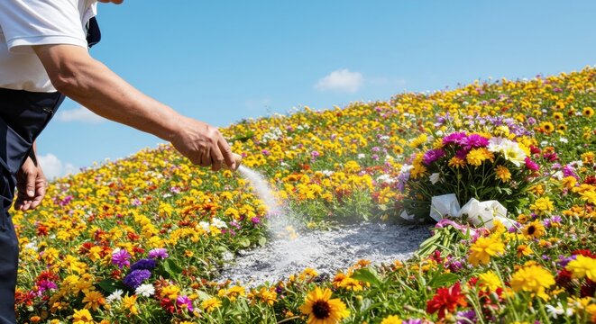 Scattering cremated ashes in a field of flowers during a funeral. Natural burial ceremony for remembrance. Memorial service for a loved one outdoors