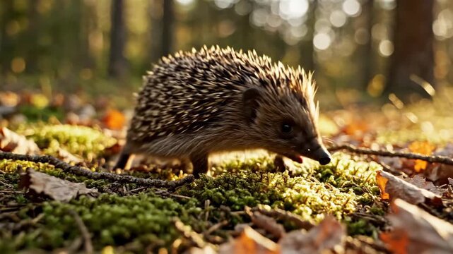 Curious hedgehog foraging through autumn forest in the golden hour