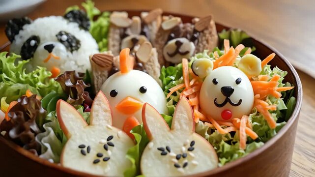 Artistic arrangement of edible animal shapes on a plate with vegetables