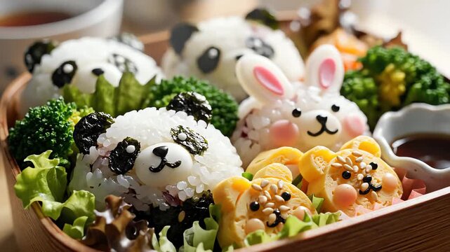 Artistic arrangement of rice animals in a bento box with side dishes