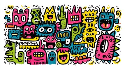 Fototapeta premium Bold and colorful doodles of various faces in a playful arrangement on a white background