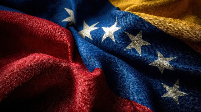 Venezuelan flag folded and displayed, showing colors and stars in a close-up view during a national event