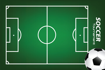 Top view of a green soccer field with white markings and a football ball, designed as a sports tournament background or poster template for soccer events and competitions. © Chai