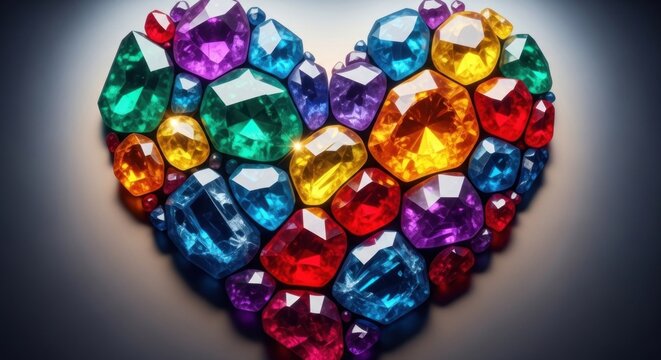 A vibrant heart-shaped arrangement of colorful gemstones, set against a gradient background with a subtle gradient of light and dark shades.