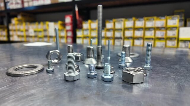 Assorted Metal Screws, Nuts and Washers on Workbench in Hardware Store