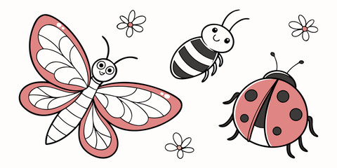 A colorful butterfly, a bumblebee, and a ladybug are depicted in a whimsical illustration. © NAHID 