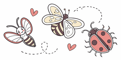 A charming illustration of three bees and a ladybug in a playful dance with hearts © NAHID 