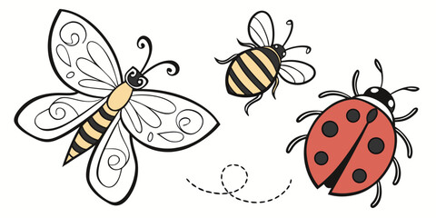 Colorful illustration of two bees and a ladybug on a white background © NAHID 