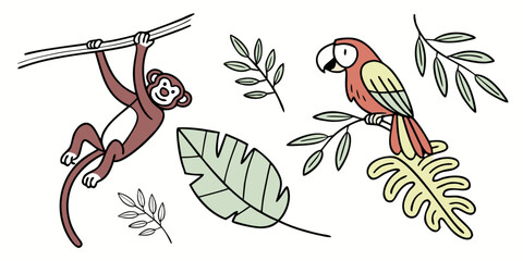 A vibrant illustration of a monkey and a parrot perched on a branch with leaves © NAHID 