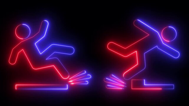glowing neon Slip and trip icon isolated on black background. Workplace Safety. Falling icons: slip, trip, and fall. Slip and fall accident icon with person slipping on wet floor. 4k video animation.