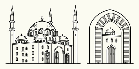 Two detailed illustrations of historic mosques with domes and minarets. © NAHID 