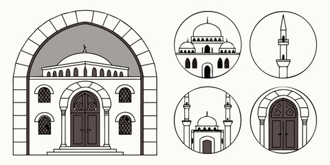 A detailed illustration of a mosque with minaret and domes in various architectural styles © NAHID 