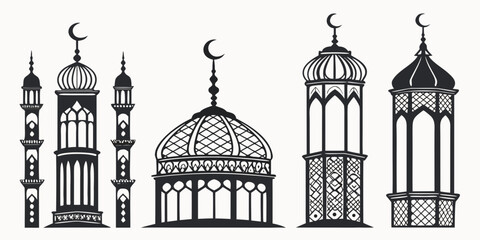 Illustration of five different architectural structures with crescent moons and stars on top © NAHID 