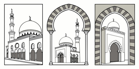Three distinct architectural designs of mosques showcasing their unique entrances and domes © NAHID 