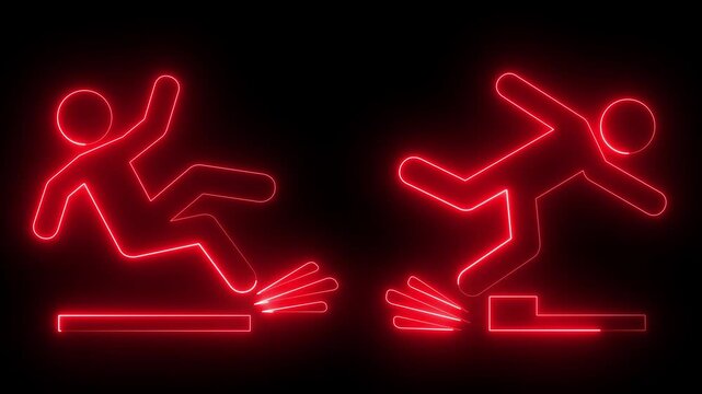 glowing neon Slip and trip icon isolated on black background. Workplace Safety. Falling icons: slip, trip, and fall. Slip and fall accident icon with person slipping on wet floor. 4k video animation.