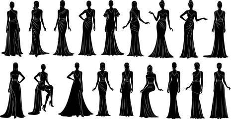 Fototapeta premium set of female silhouettes in various evening gowns and poses on white background