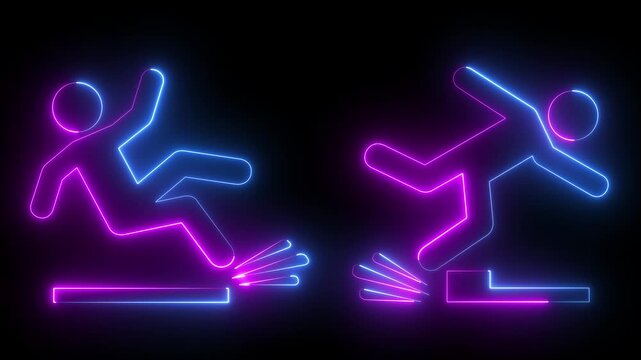 glowing neon Slip and trip icon isolated on black background. Workplace Safety. Falling icons: slip, trip, and fall. Slip and fall accident icon with person slipping on wet floor. 4k video animation.
