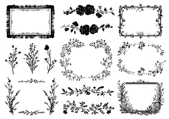 Obraz premium A collection of black floral frames, borders, and botanical elements for design