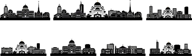City skylines with various buildings and domes in black silhouette on white background © Pixel Verses
