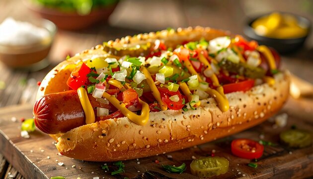 Ultra realistic close-up of a Chicago-style hot dog in a poppy seed bun, topped with mustard, chopped onions, bright green relish, tomato slices, pickle spear, sport peppers and celery salt