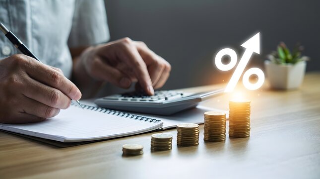 Hand holding calculator with rising percentage sign and stacked coins isolated on transparent background