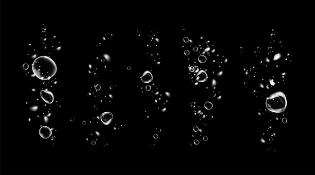 Realistic oxygen bubbles in water on a black background with fizzy sparkles and effervescent style. 