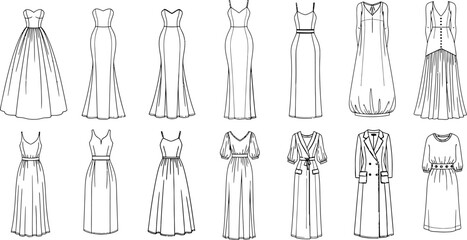 collection of various stylish womens dresses and coats in a sketch style © Pixel Verses