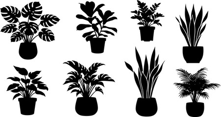 set of potted houseplants in silhouette on white background for design © Pixel Verses