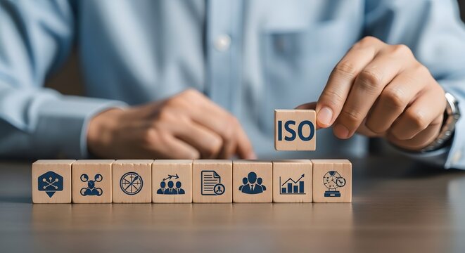 Businessman building iso blocks for quality management