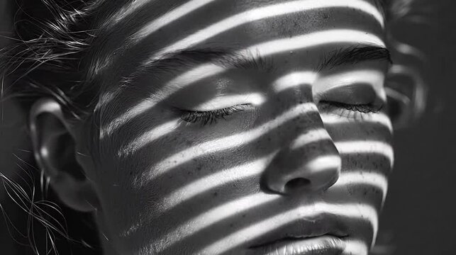 Close-up B&W portrait closed eyes, freckled face bathed in dramatic light stripes