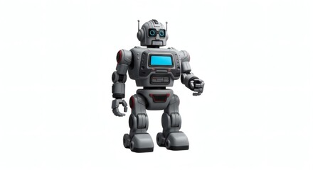 Fototapeta premium A retro-futuristic robot stands confidently, its metallic body adorned with intricate details and a glowing blue screen on its chest, embodying a classic science fiction aesthetic.