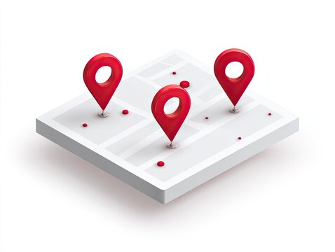 Isometric view of a stylized map with three red location markers