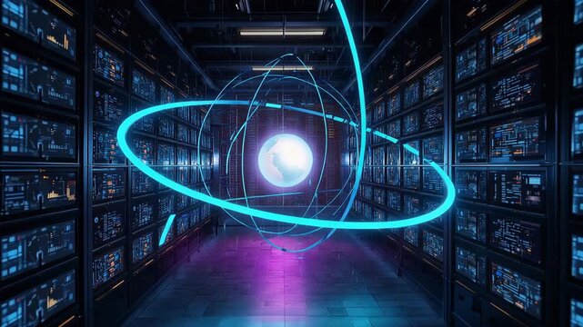 原子核のような中心光に知識が周回する、概念化されたメディア空間