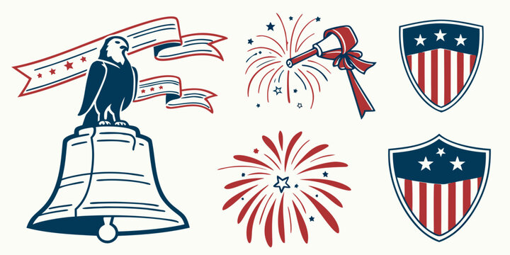 Patriotic symbols including a bald eagle, liberty bell, and american flag