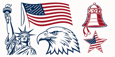 Patriotic symbols including the american flag, statue of liberty, bald eagle, and a torch © Icon Set