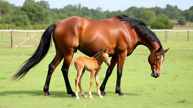 Thoroughbred Horse mares with foals in open green paddock