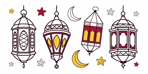 Colorful lanterns and crescent moon with stars in a festive arrangement