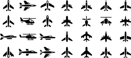 Fototapeta premium Aircraft and helicopter icons: set of air transport and aviation symbols with white background
