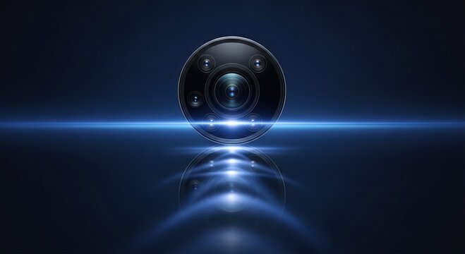 Futuristic camera lens with glowing light high technology optical concept