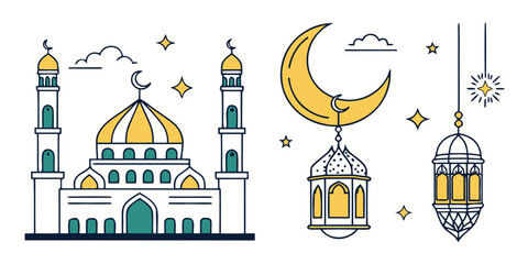 A mosque with domes and minarets surrounded by crescent moons and lanterns © Icon Set