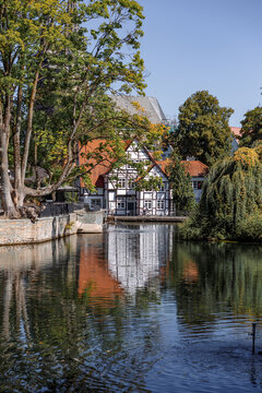 Historic Half-Timbered Houses by Canal in Iserlohn, Germany