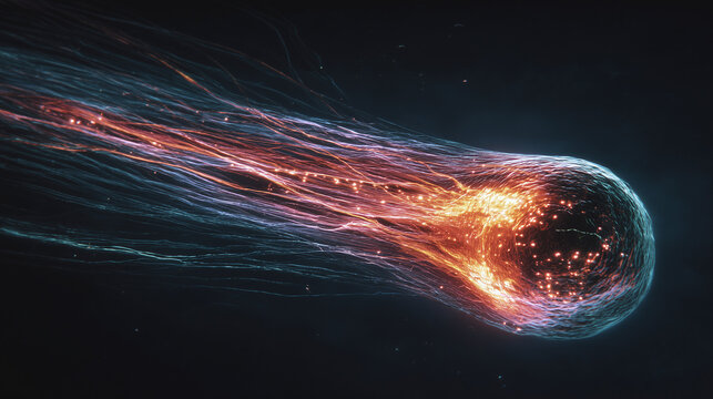 A single, glowing primordial cell dividing rapidly in a dark aquatic environment with vibrant energy trails.