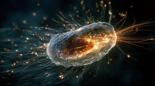 A single, glowing primordial cell dividing rapidly in a dark aquatic environment with vibrant energy trails.