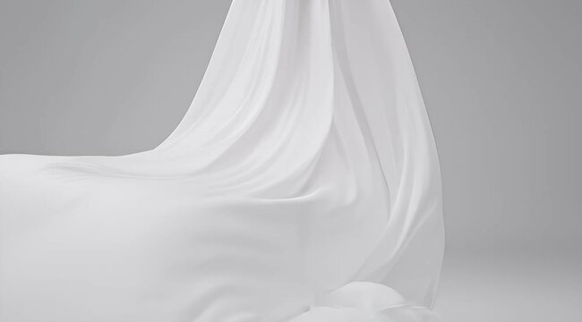 Elegant cascading white fabric against a soft gray backdrop with smooth textures