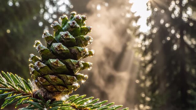 Pinecone on a tree branch outdoors.