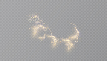  A luminous golden trail with sparkling particles forming a soft circular vortex. A magical effect of glowing dust isolated on a transparent background for festive overlays. © MAKSYM