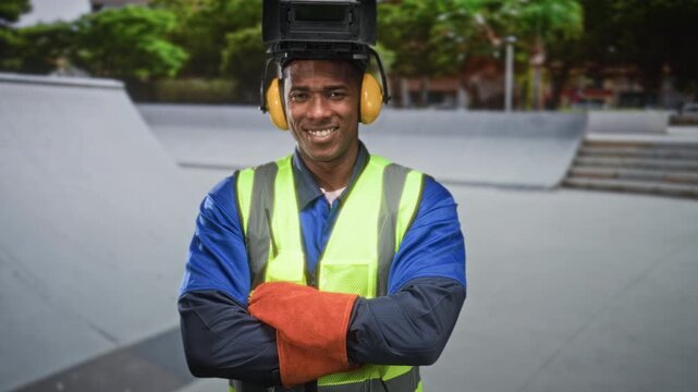 Man welder wearing welding helmet, earmuffs, hi vis vest and orange welding gloves, arms crossed on street; pride craftsmanship.