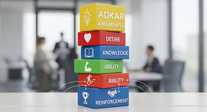 Professional hand arranging colorful ADKAR blocks depicting awareness desire knowledge ability and reinforcement stages for successful organizational change management strategy and development