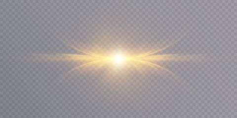 A golden, vibrant light flare with a vibrant horizontal glow and radiant light explosion. Abstract vector effect for overlays and design. © MAKSYM