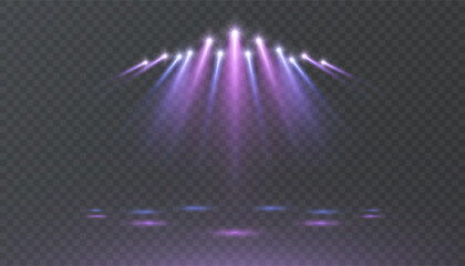 Naklejka premium Purple stage spotlights with shimmering beams. Abstract vector spotlight lighting for concerts, shows, presentations, and stage design.
